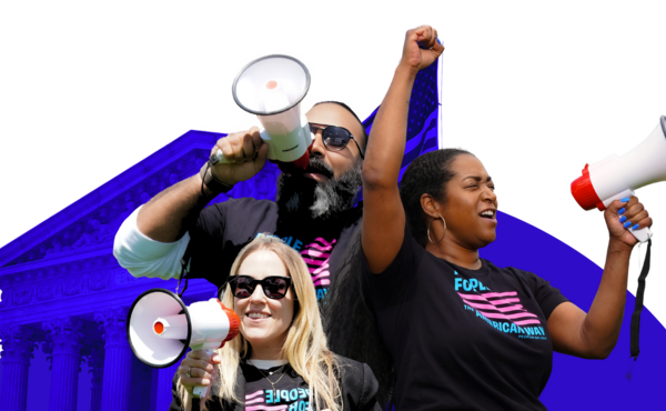 People with megaphones in front of the Supreme Court