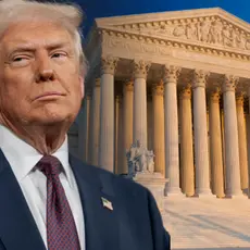 Graphic from Intercessors for America's "special report" titled "Power Struggle: Trump vs. Activist Judges" is photo montage of Trump and front of the U.S. Supreme Court building. 